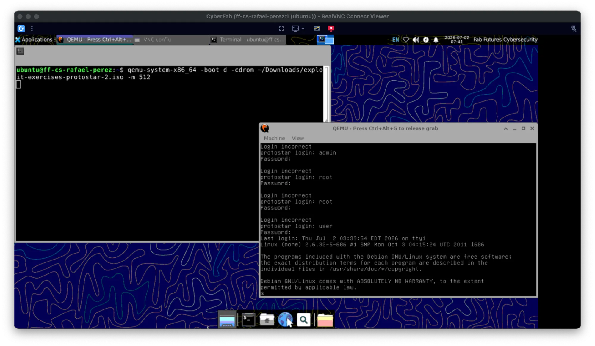 Protostar console login in QEMU — failed attempts with “admin” and “root”, then successful with “user”
