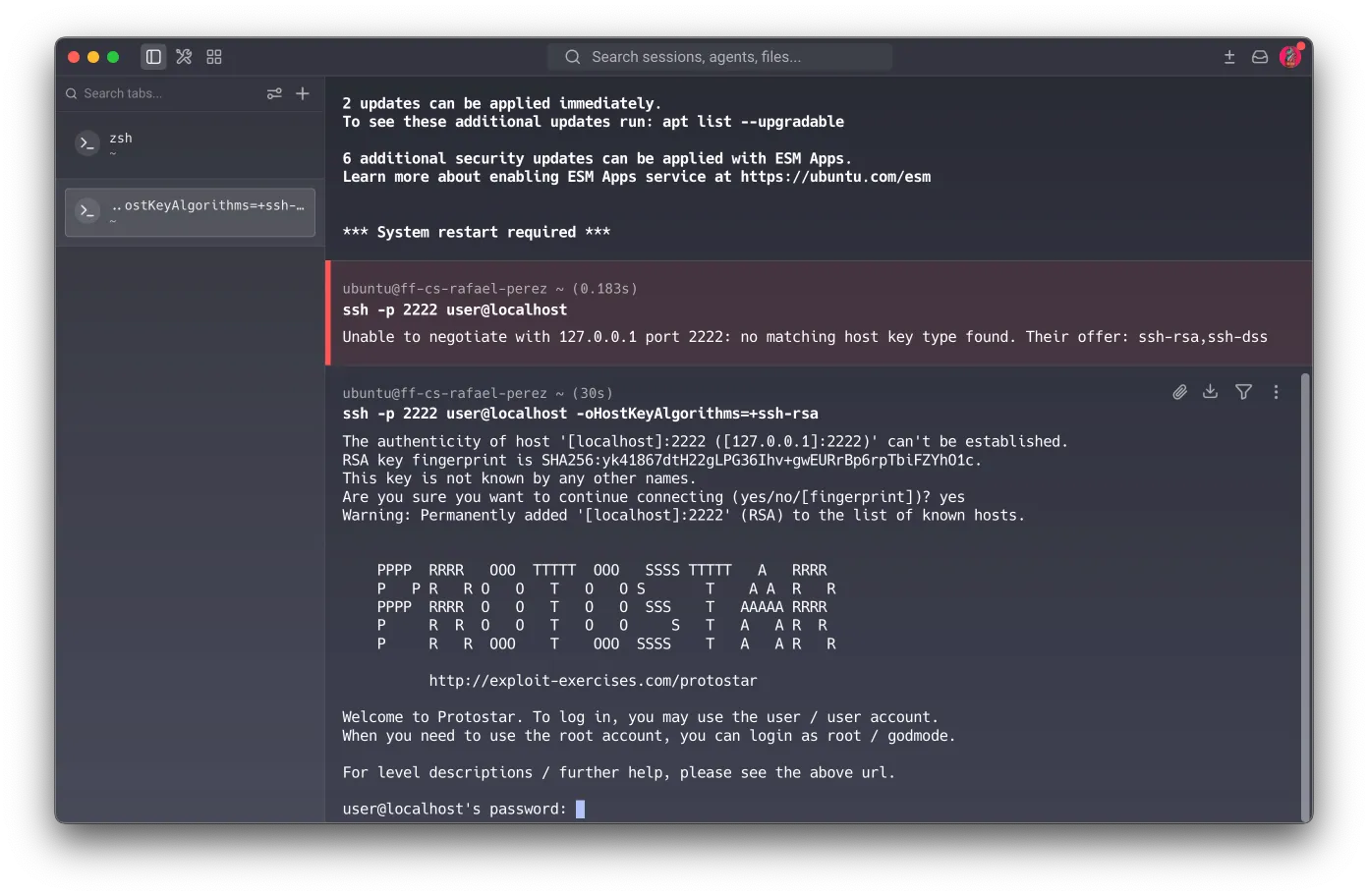 SSH: first attempt without flags fails with “no matching host key type”; second with -oHostKeyAlgorithms=+ssh-rsa succeeds — TOFU fingerprint, Protostar banner, password prompt