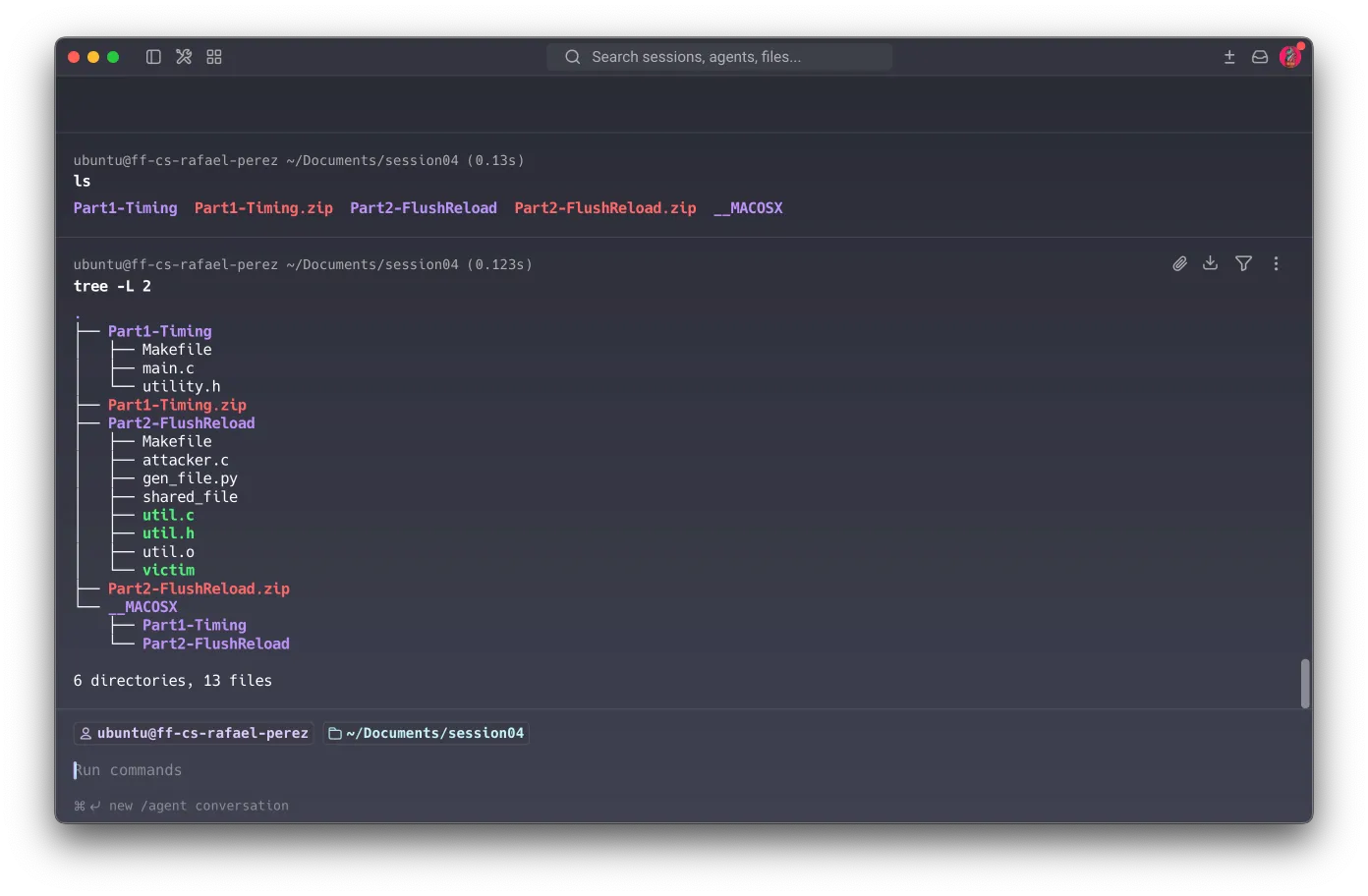 Course VM — tree -L 2 showing the full structure: Part1-Timing/ (Makefile, main.c, utility.h) and Part2-FlushReload/ (Makefile, attacker.c, gen_file.py, shared_file, util.c, util.h, util.o, victim) — 6 directories, 13 files