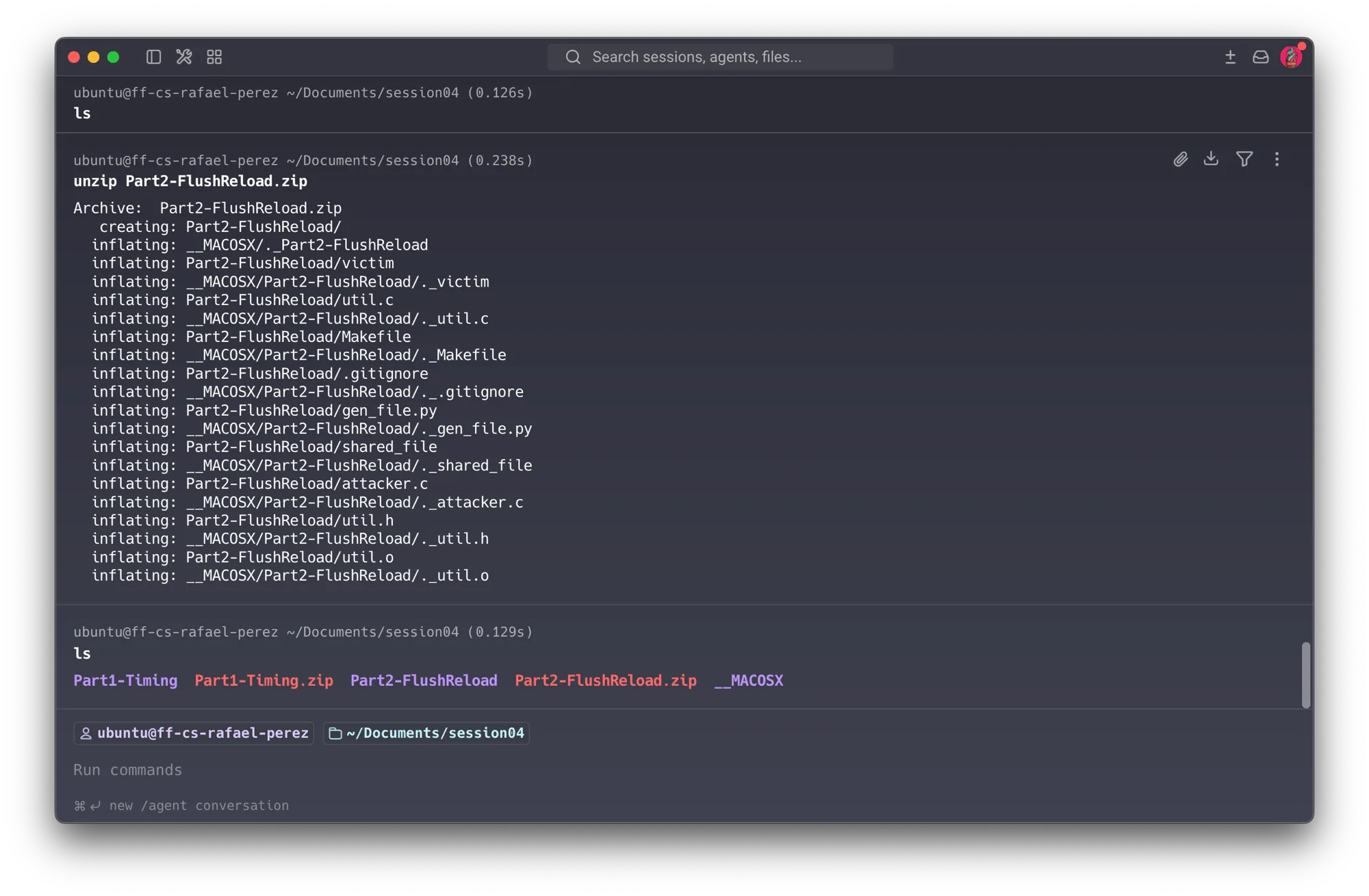 Course VM — unzip Part2-FlushReload.zip extracting all lab files: victim binary, attacker.c, util.c/h, Makefile, gen_file.py