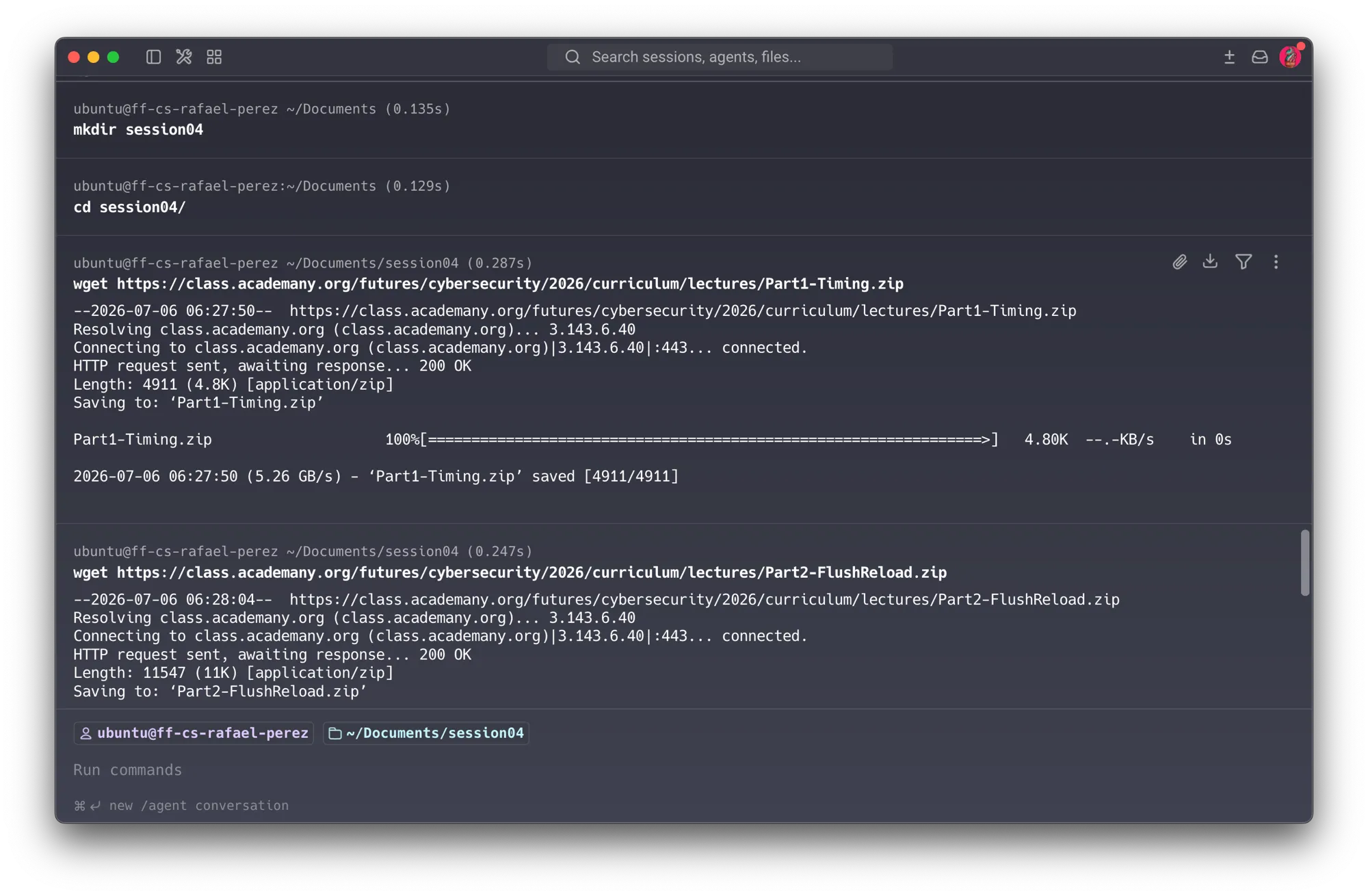Course VM — wget downloading Part1-Timing.zip (4.8 KB) and Part2-FlushReload.zip (11 KB)