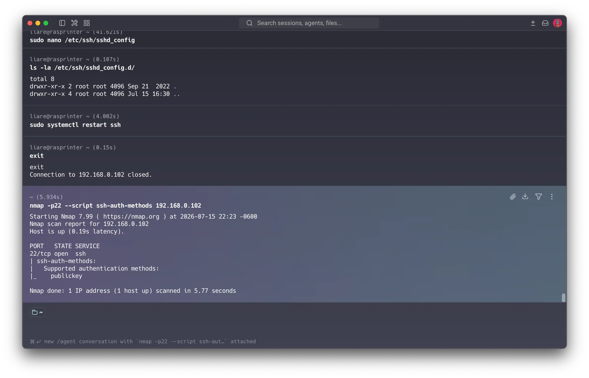 ssh-auth-methods after hardening — the Pi (.102) now offers publickey only too