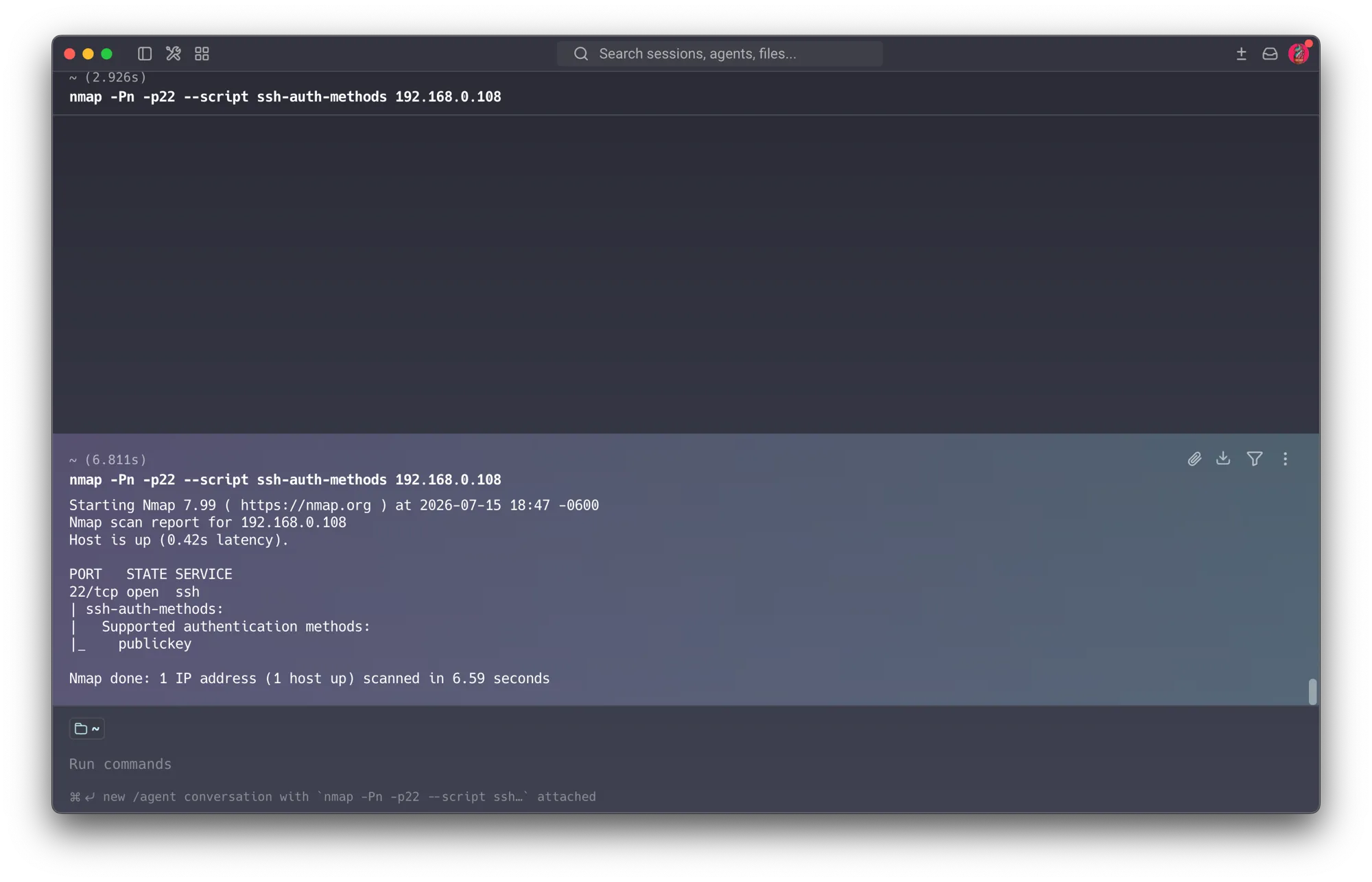 ssh-auth-methods after hardening — the vision server (.108) now offers publickey only