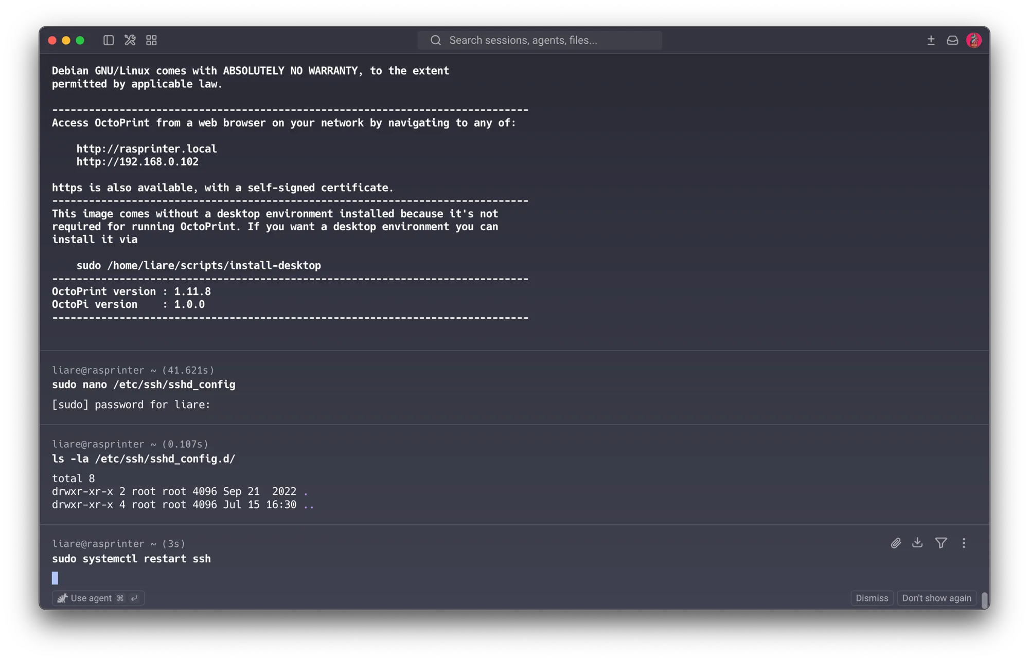 sshd_config.d on the Pi is empty — confirming the Pi has no drop-in overriding the setting, unlike the server