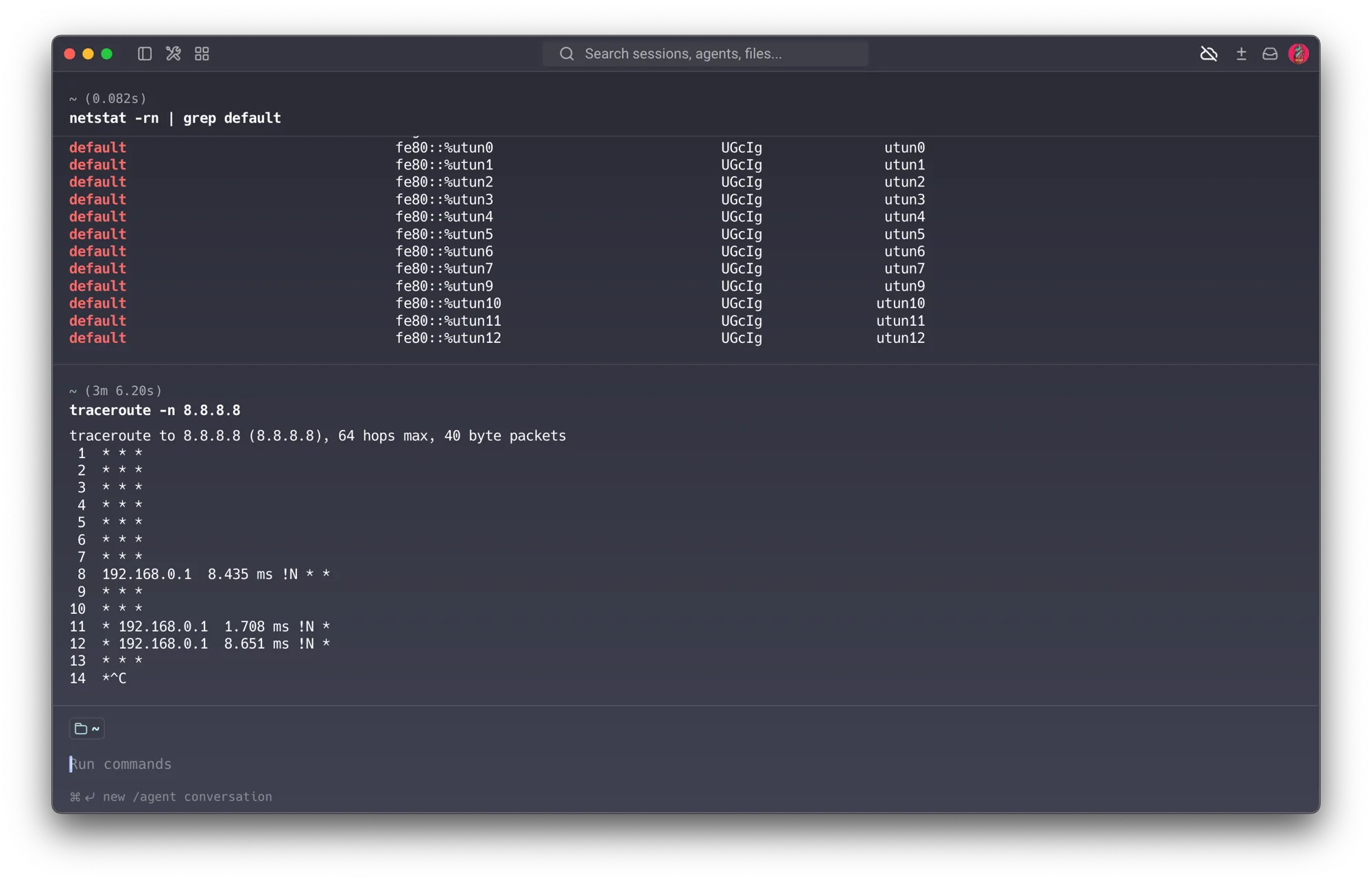 Routing table showing the default route via 192.168.0.1, and traceroute -n 8.8.8.8 timing out at every hop except the LIARE gateway itself, which answers with !N (network unreachable) — the router has no path out to IBERO