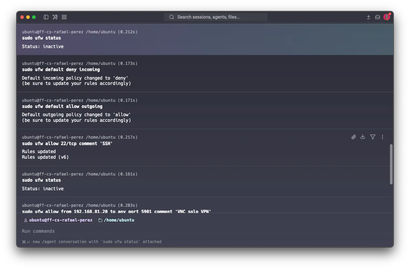 ufw setup: default deny/allow policies, SSH and VNC-VPN rules, then ufw enable