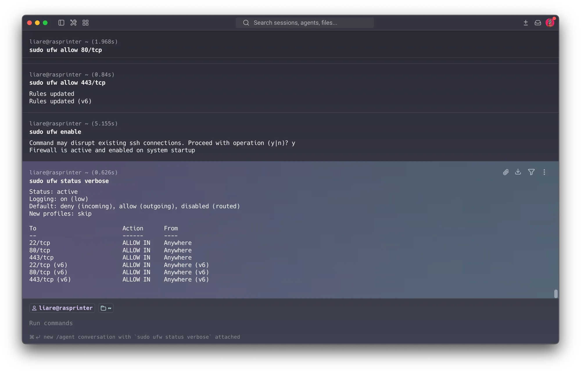 ufw enabled with the disruption warning accepted, then the final status verbose — active, 3 rules (22/80/443) plus their v6 counterparts