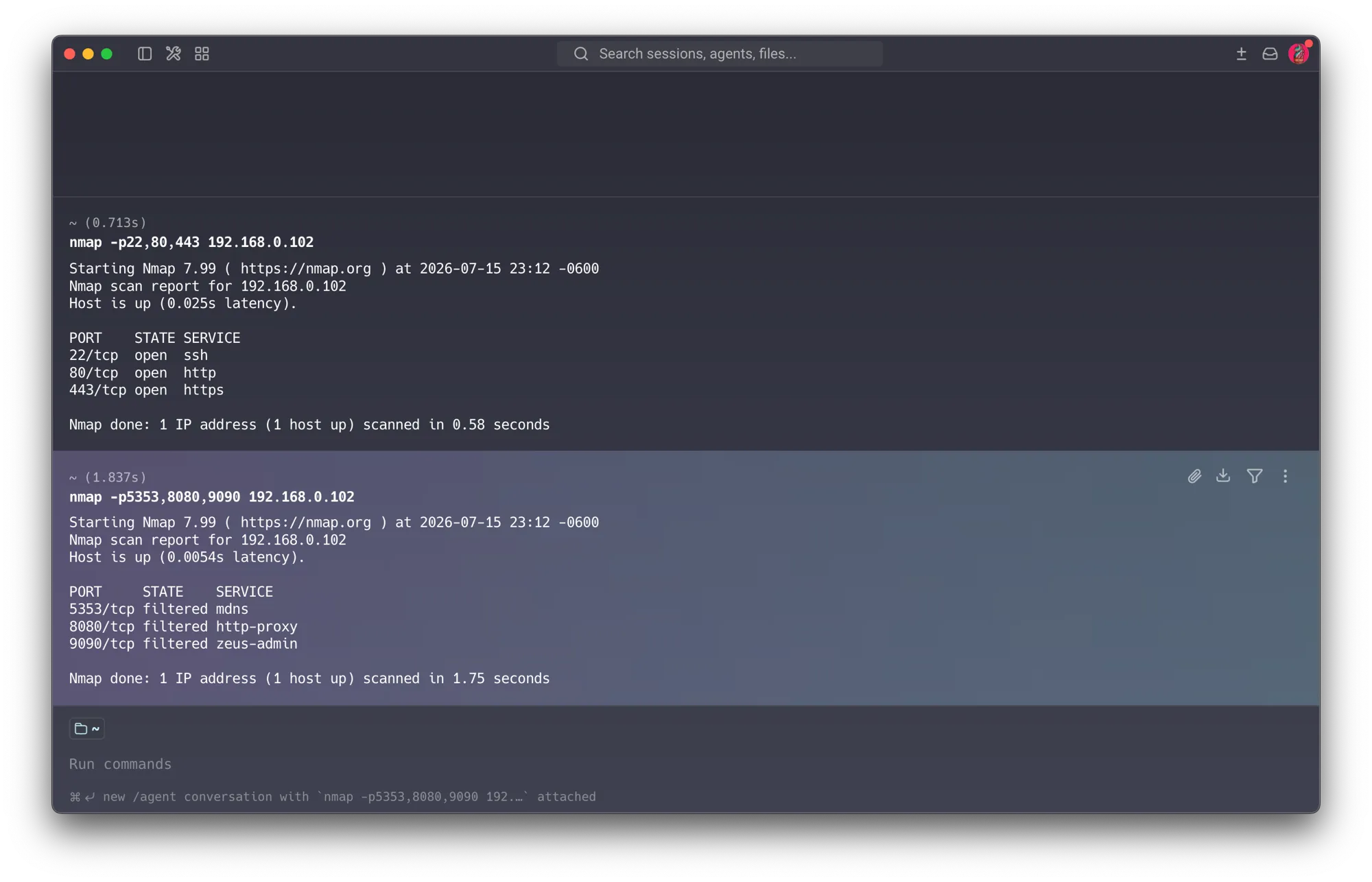 Cross-verification from the Mac: 22/80/443 come back open (allowed), while 5353/8080/9090 come back filtered (blocked) — the signature of an active firewall