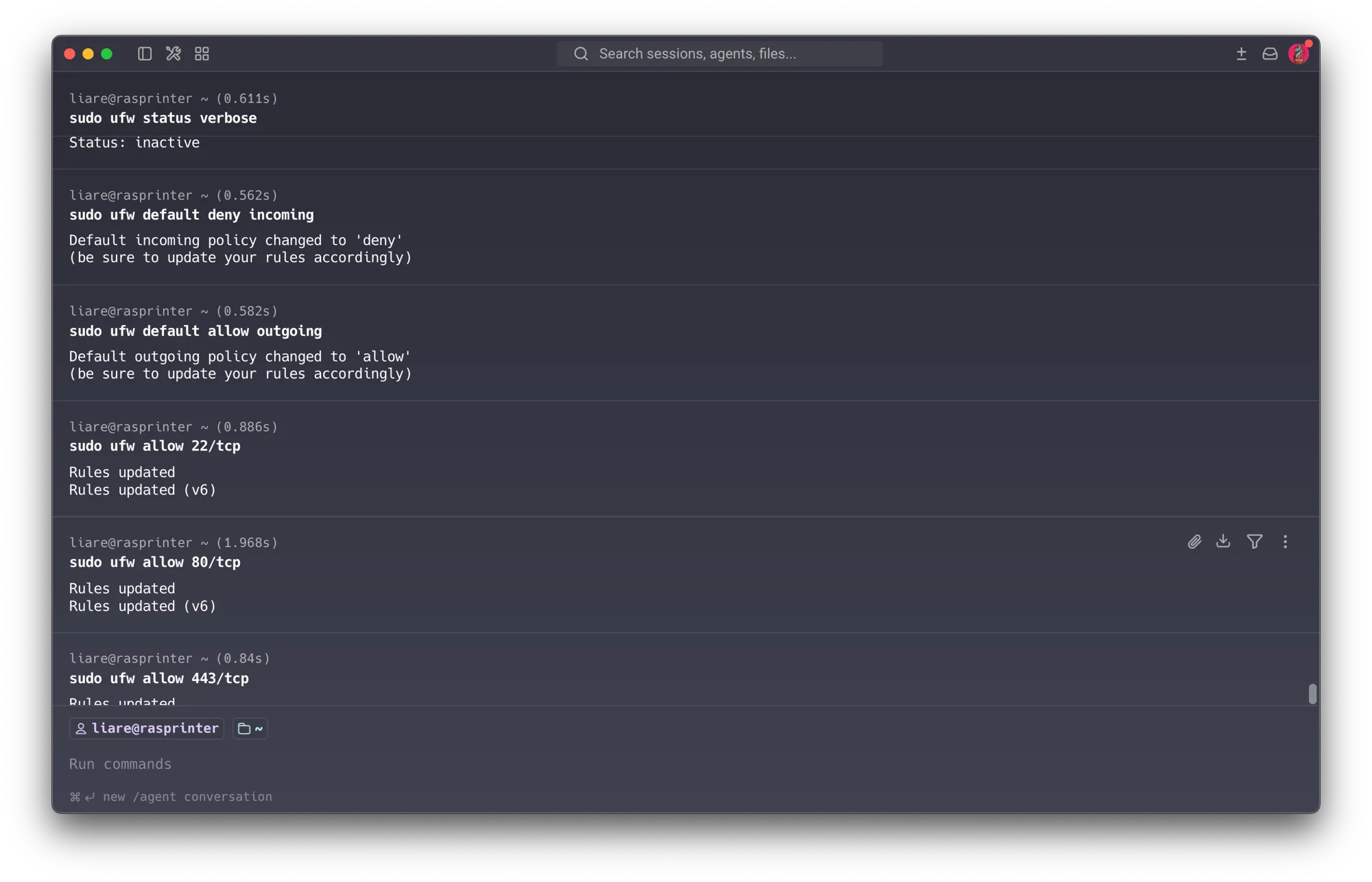 ufw on the Pi: starting from inactive, then default deny incoming / allow outgoing, then allow 22/tcp and 80/tcp