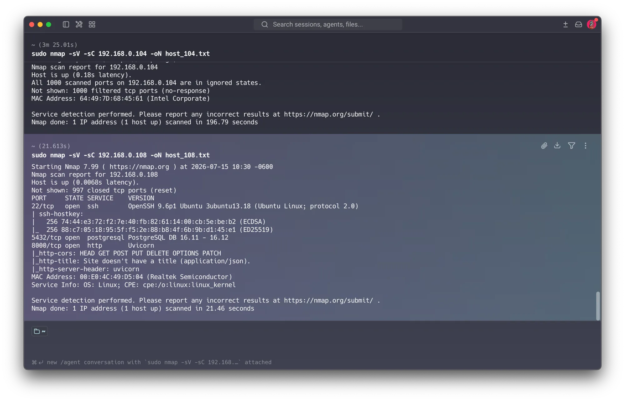 nmap service scan of the vision server — OpenSSH 9.6p1 (Ubuntu) on 22, PostgreSQL 16 listening on 5432, and a Uvicorn/FastAPI API on 8000 answering CORS to HEAD/GET/POST/PUT/DELETE/OPTIONS/PATCH