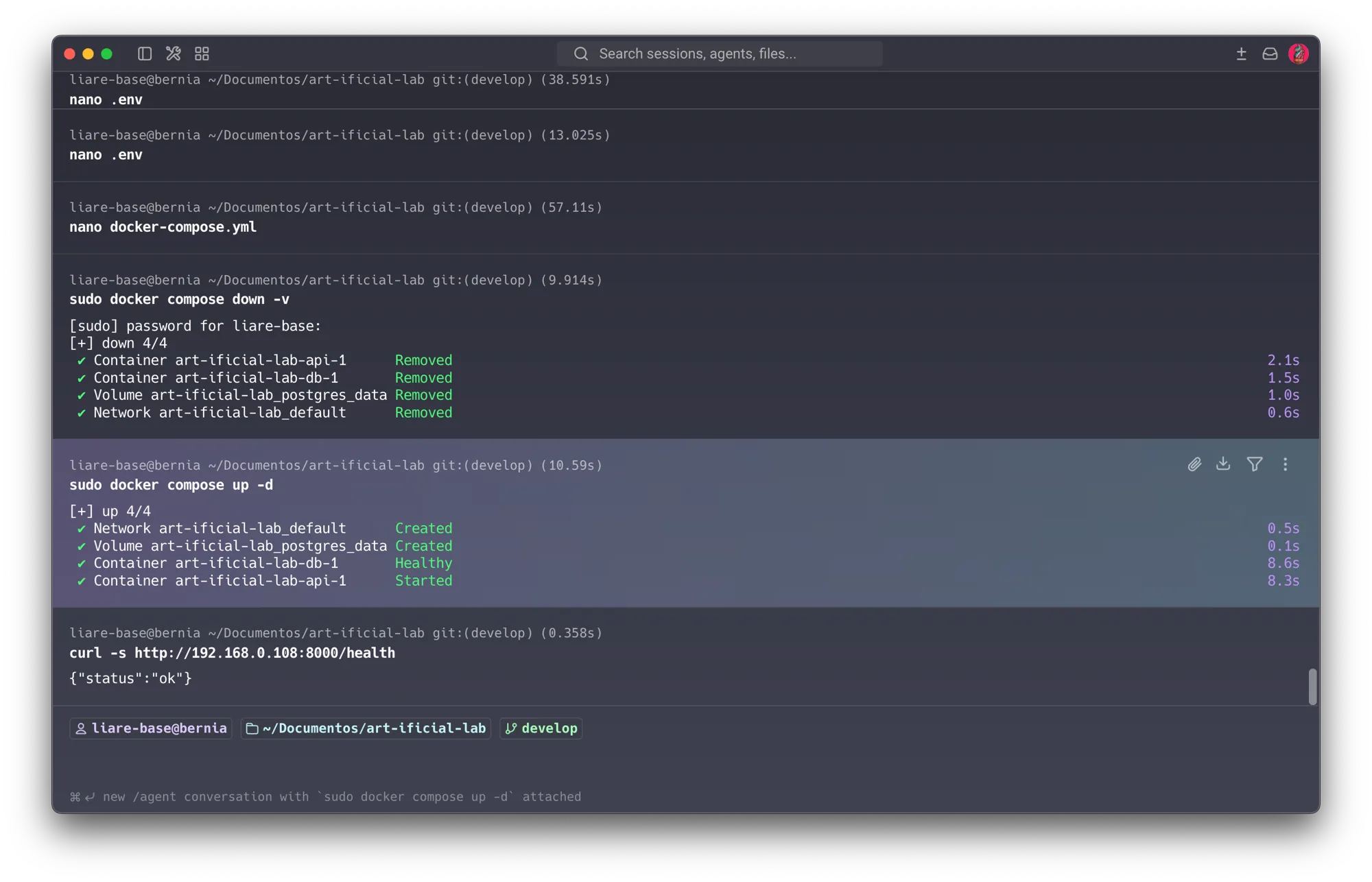 Recreating the stack with the new .env (down -v / up -d) and confirming the API reconnected: curl …/health returns a healthy status