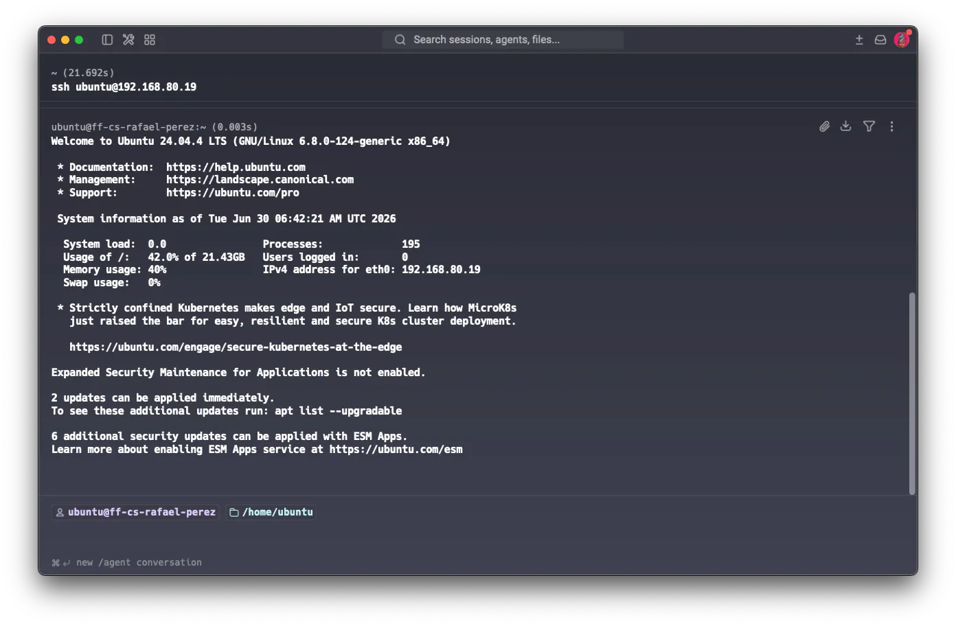SSH session into the Ubuntu 24.04 VM — logged in as ubuntu@tf-rafael-perez