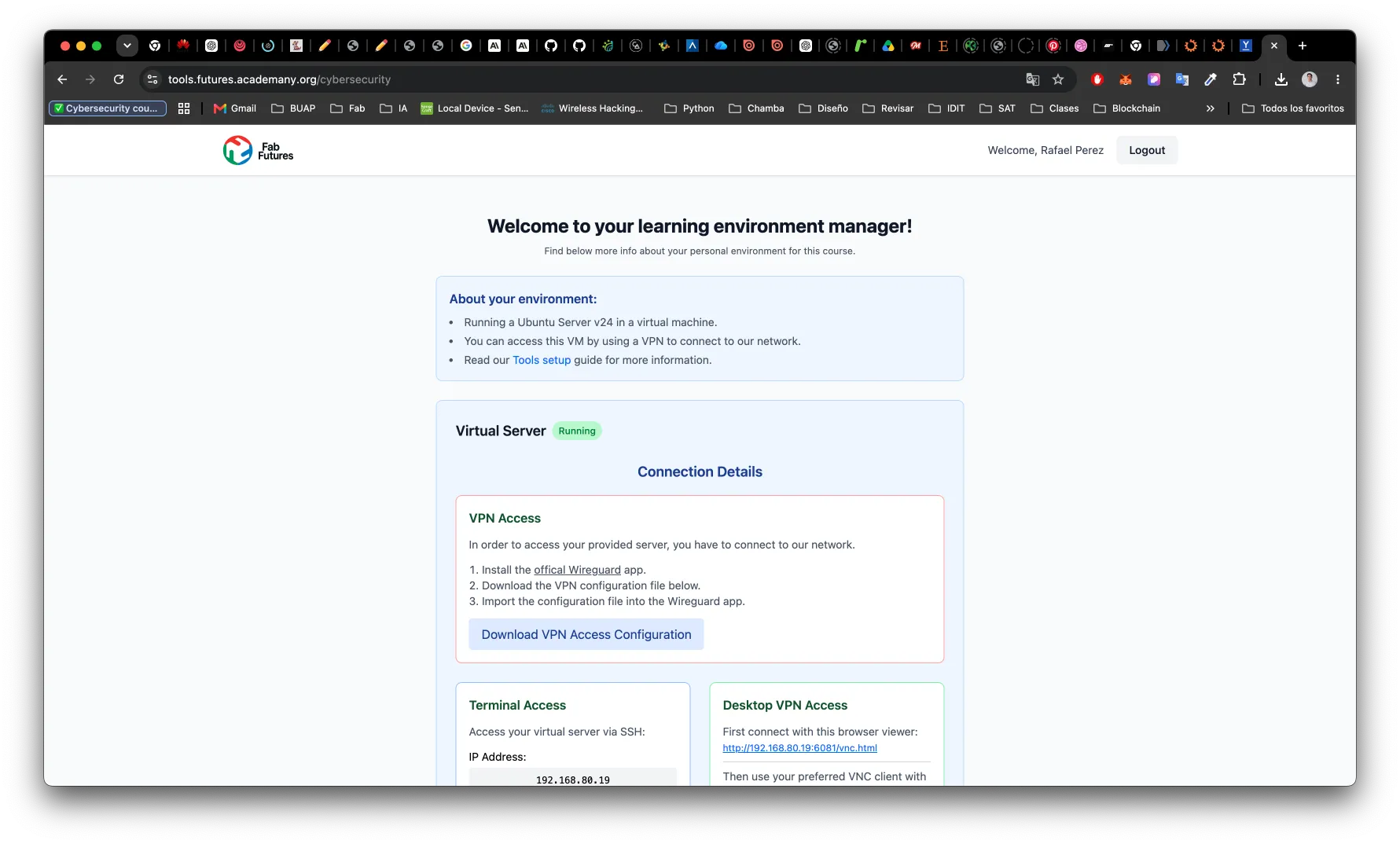 Learning environment manager dashboard — assigned VM, IP, and VPN/SSH connection details