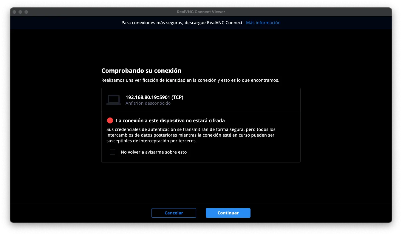 RealVNC connection check — “this connection will not be encrypted” warning for 192.168.80.19::5901