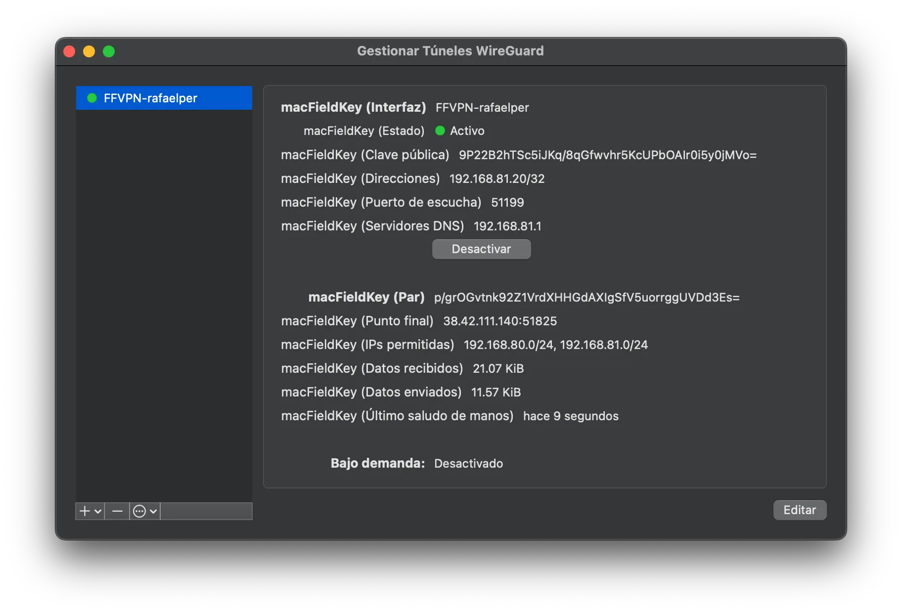 WireGuard tunnel active — IP 192.168.81.20, gateway 192.168.81.1, handshake confirmed