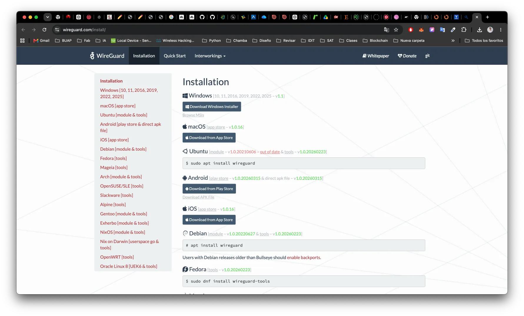 WireGuard download page with installers for all platforms