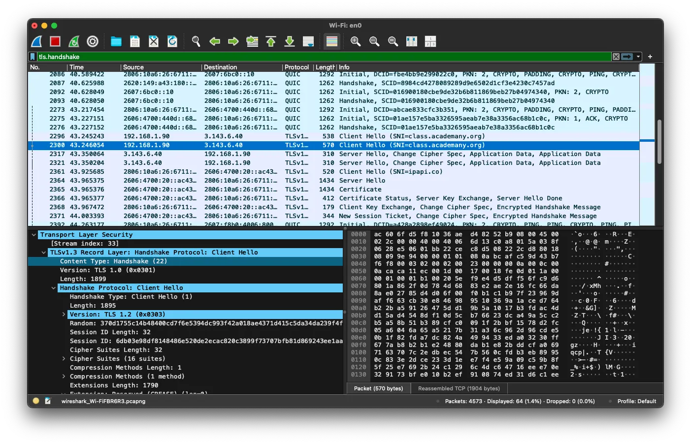 Client Hello — key_share and SNI extension visible in plaintext