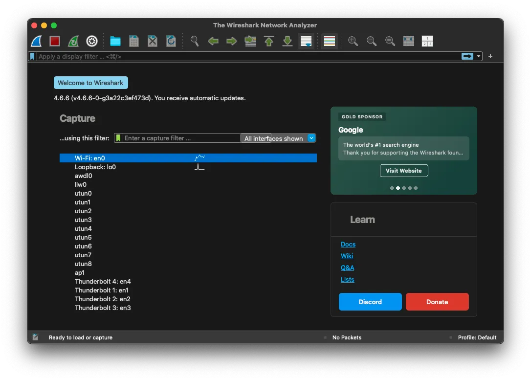 Wireshark — interface list and tls.handshake display filter