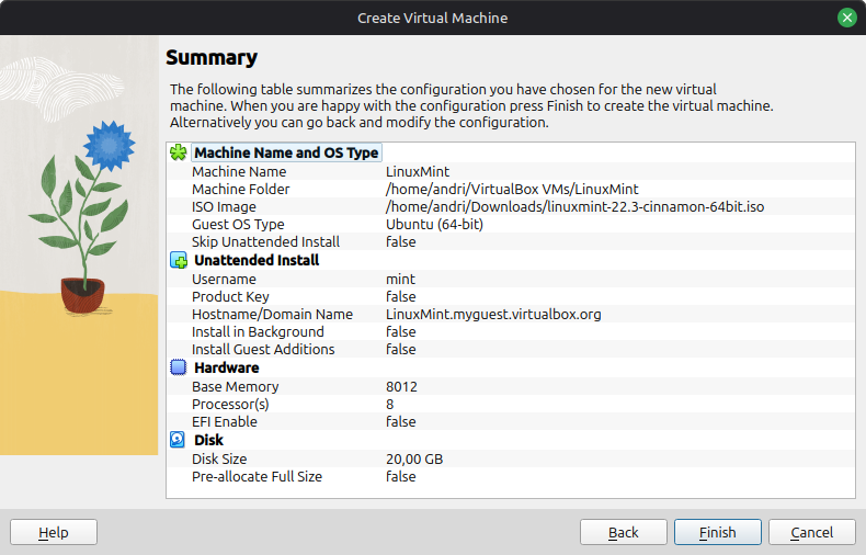 VM creation summary