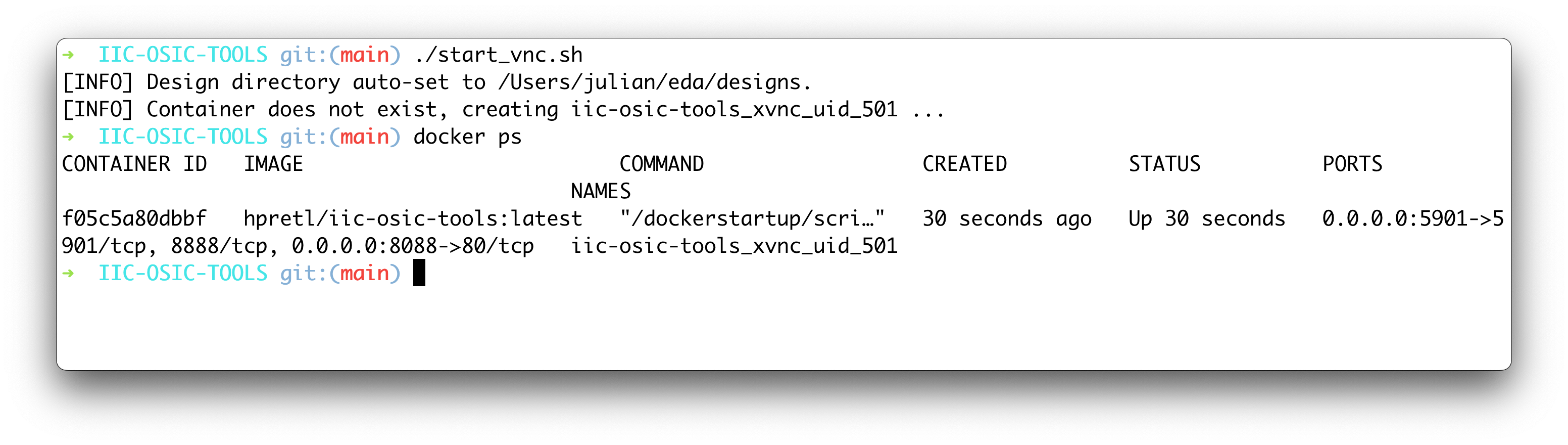 Terminal showing start_vnc.sh execution