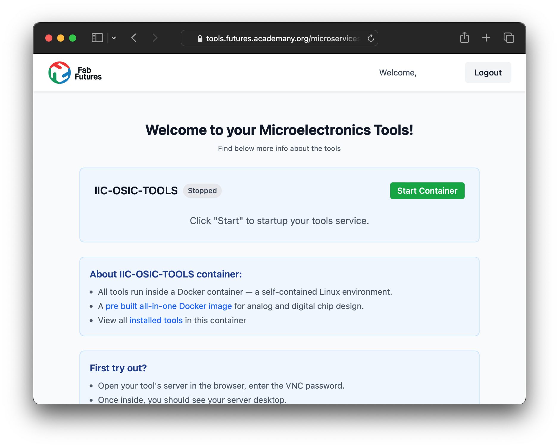 tools dashboard page