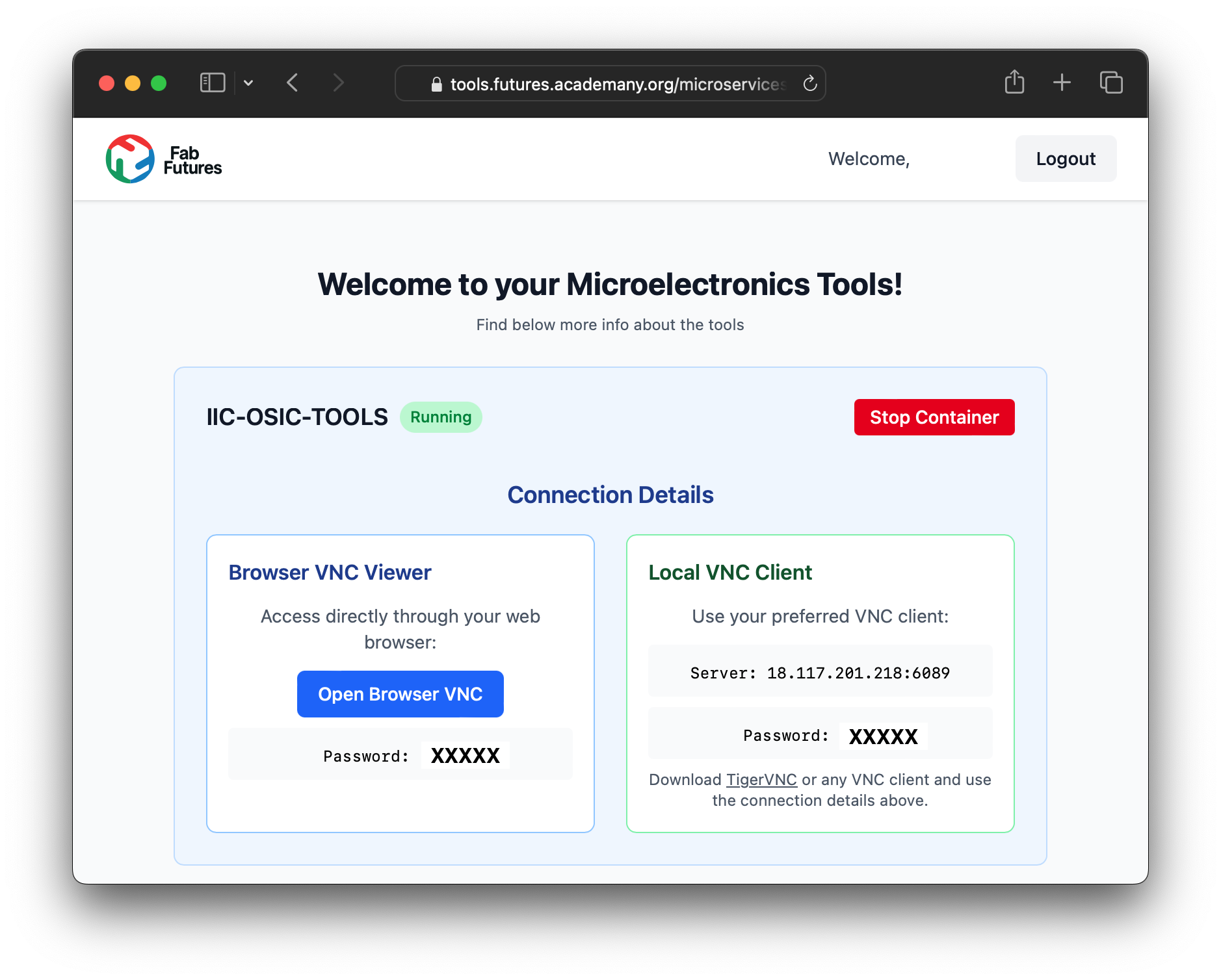 Browser VNC login page