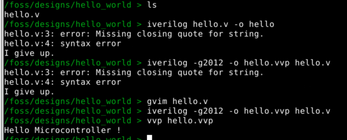 Terminal — iverilog compile error, fix in gvim, successful compile and vvp run