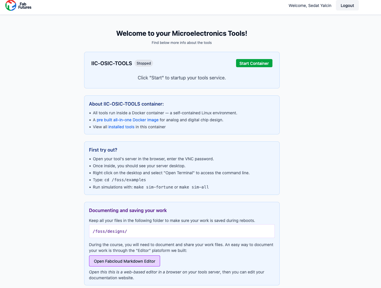 IIC-OSIC-TOOLS dashboard — container running, showing VNC address and password