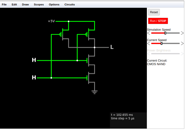 Falstad — Circuits menu, CMOS NAND selected