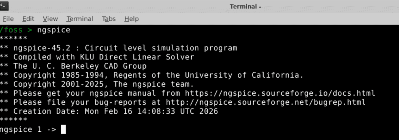ngspice 45.2 startup